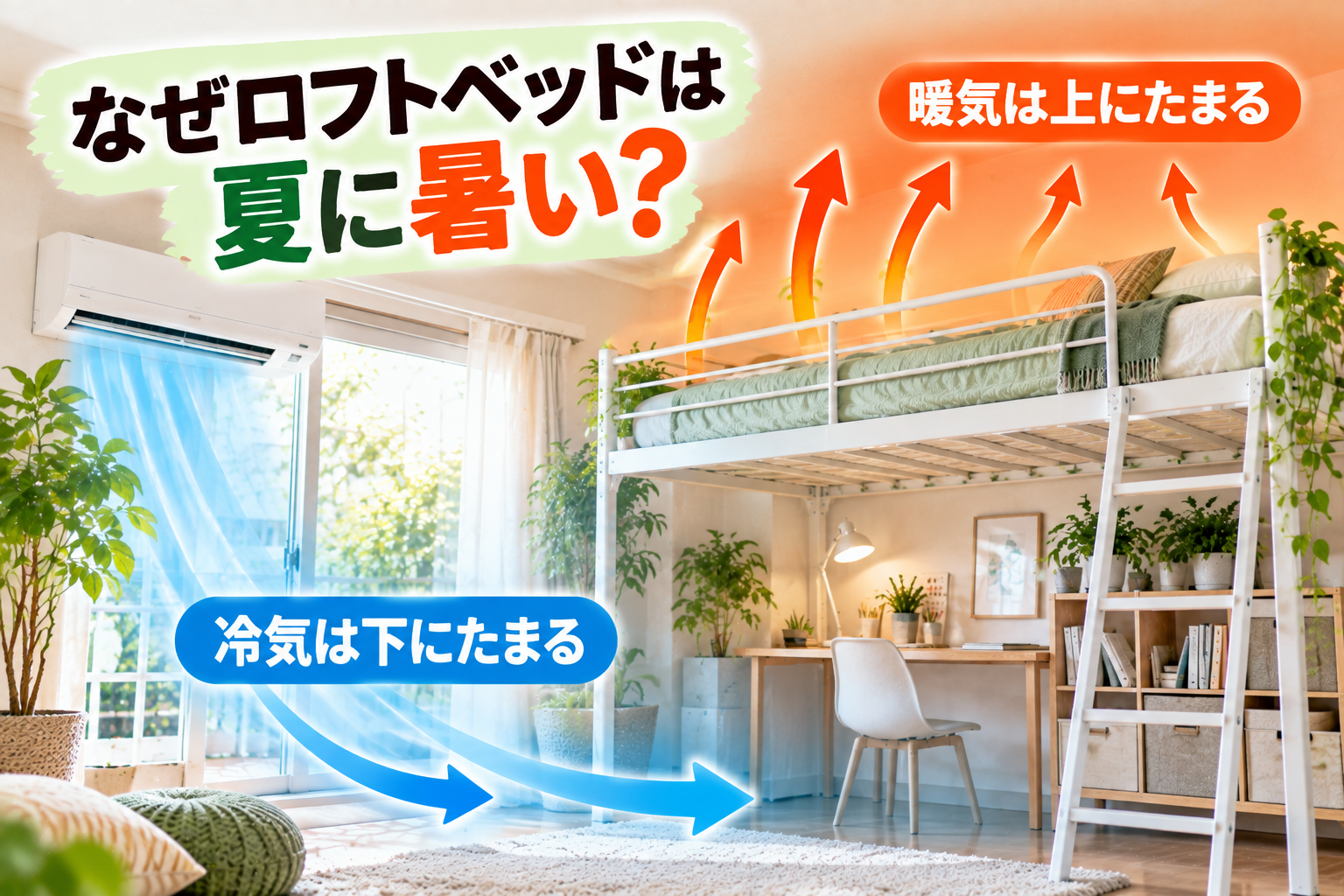 ロフトベッドで暖かい空気が上にたまり冷気が床側にたまる様子