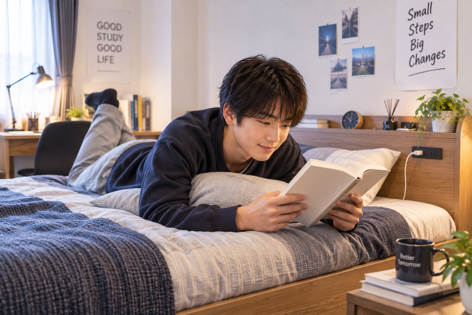 高校生がベッドで寝転びながらテキストを読んでいる
