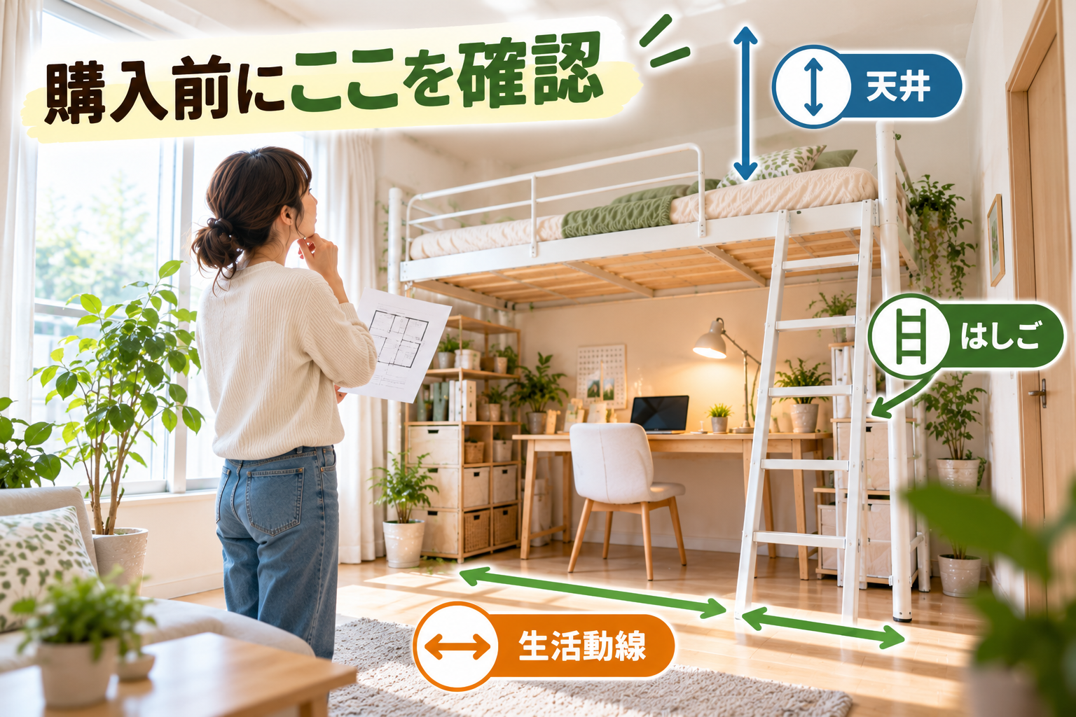 一人暮らしでロフトベッドを設置する前に天井・はしご・生活動線を確認する様子