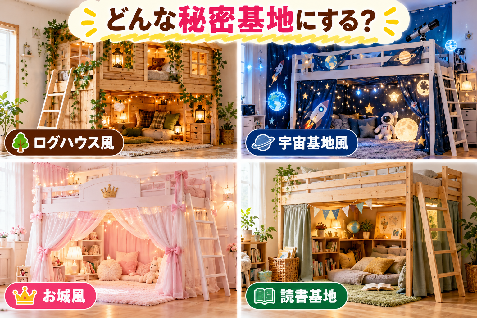 ロフトベッドで作るログハウス・宇宙・お城・読書スペース風の秘密基地アイデア