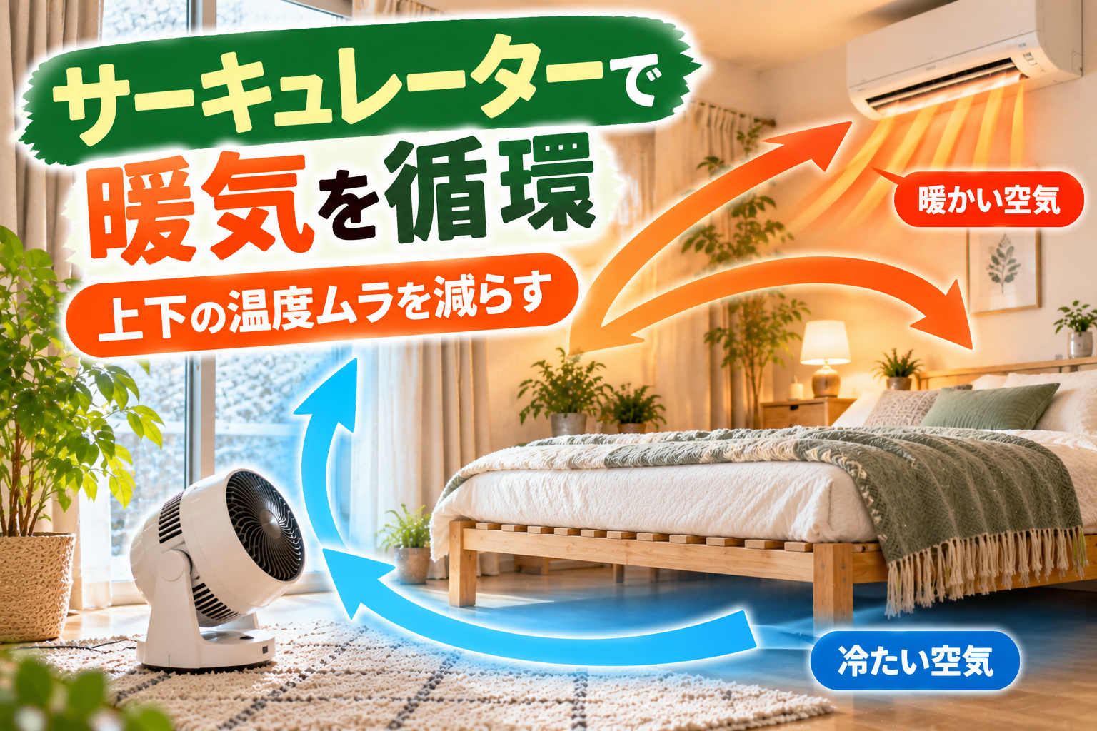 暖房時にサーキュレーターで寝室の暖気を循環させる様子