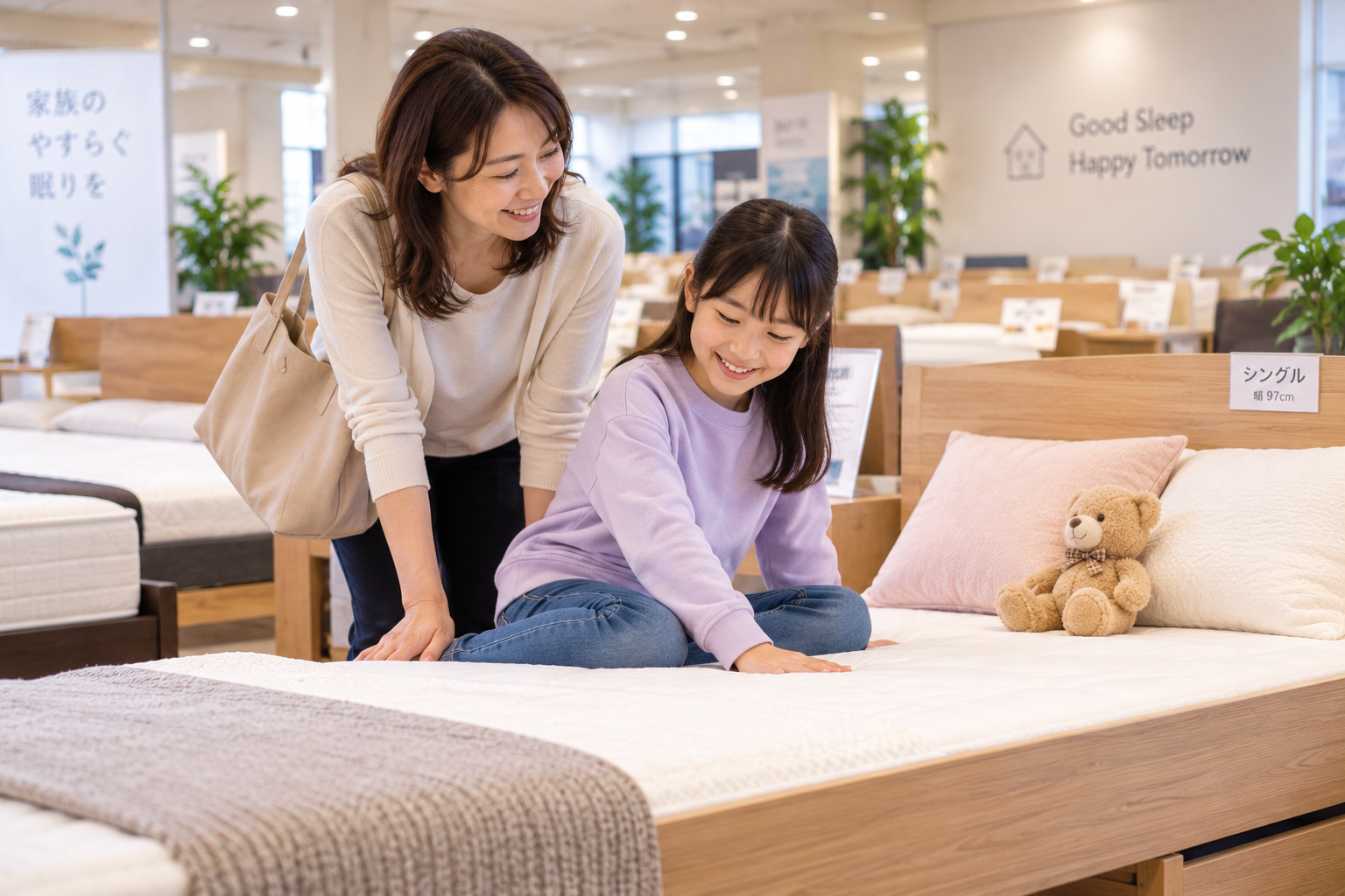 お母さんが子供とベッドを選んでいる