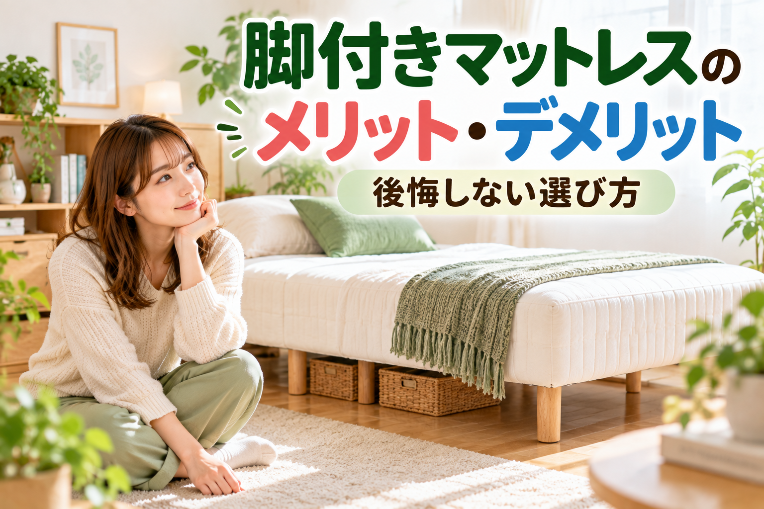 脚付きマットレスのメリットとデメリットを確認する女性