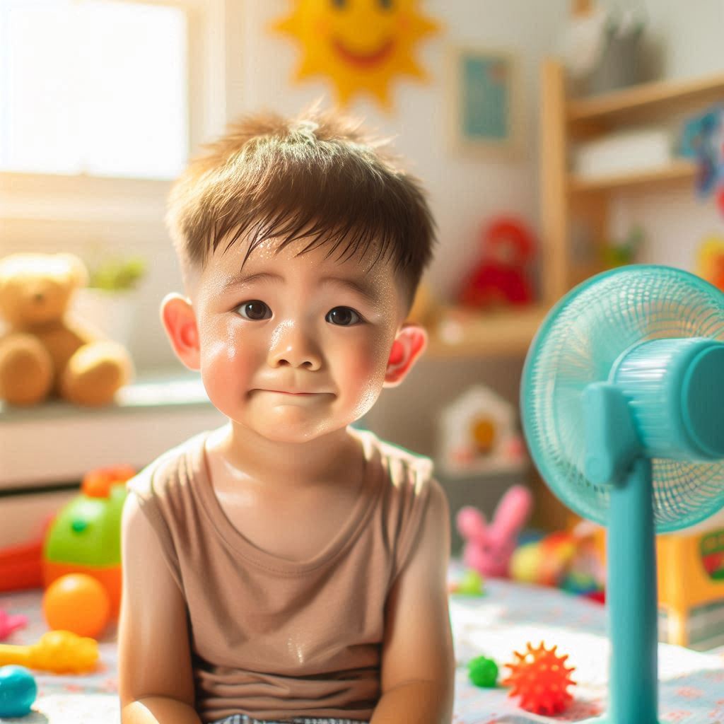 夏場の寝室で暑そうにしている子供