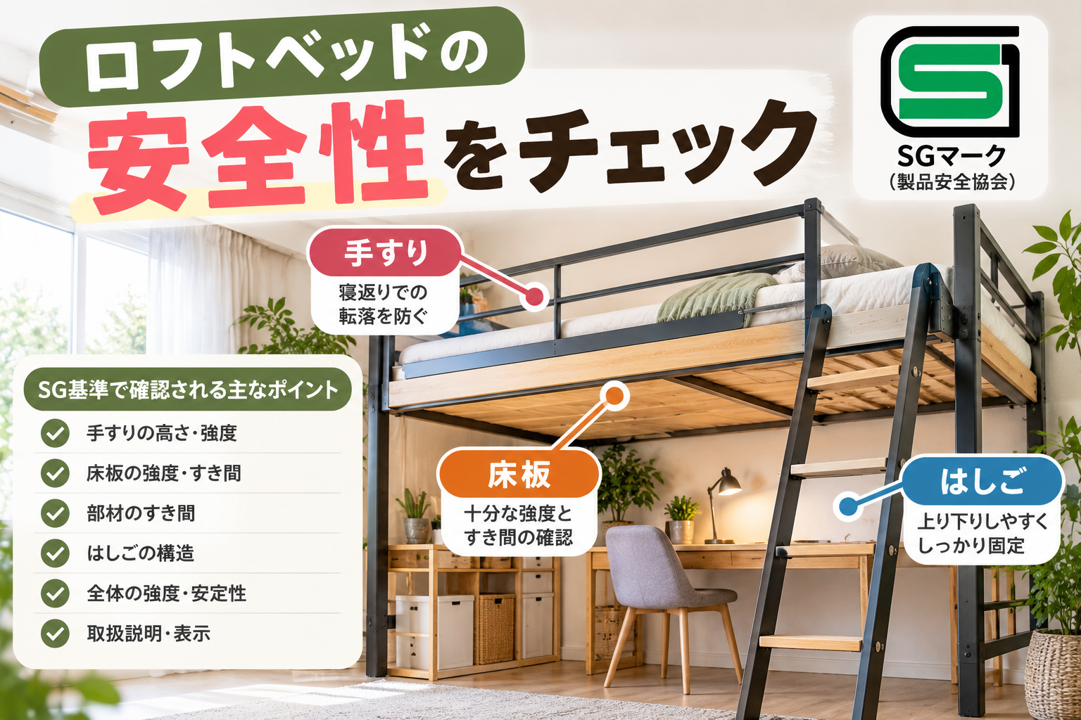 ロフトベッドのSG基準で確認したい手すり・はしご・床板
