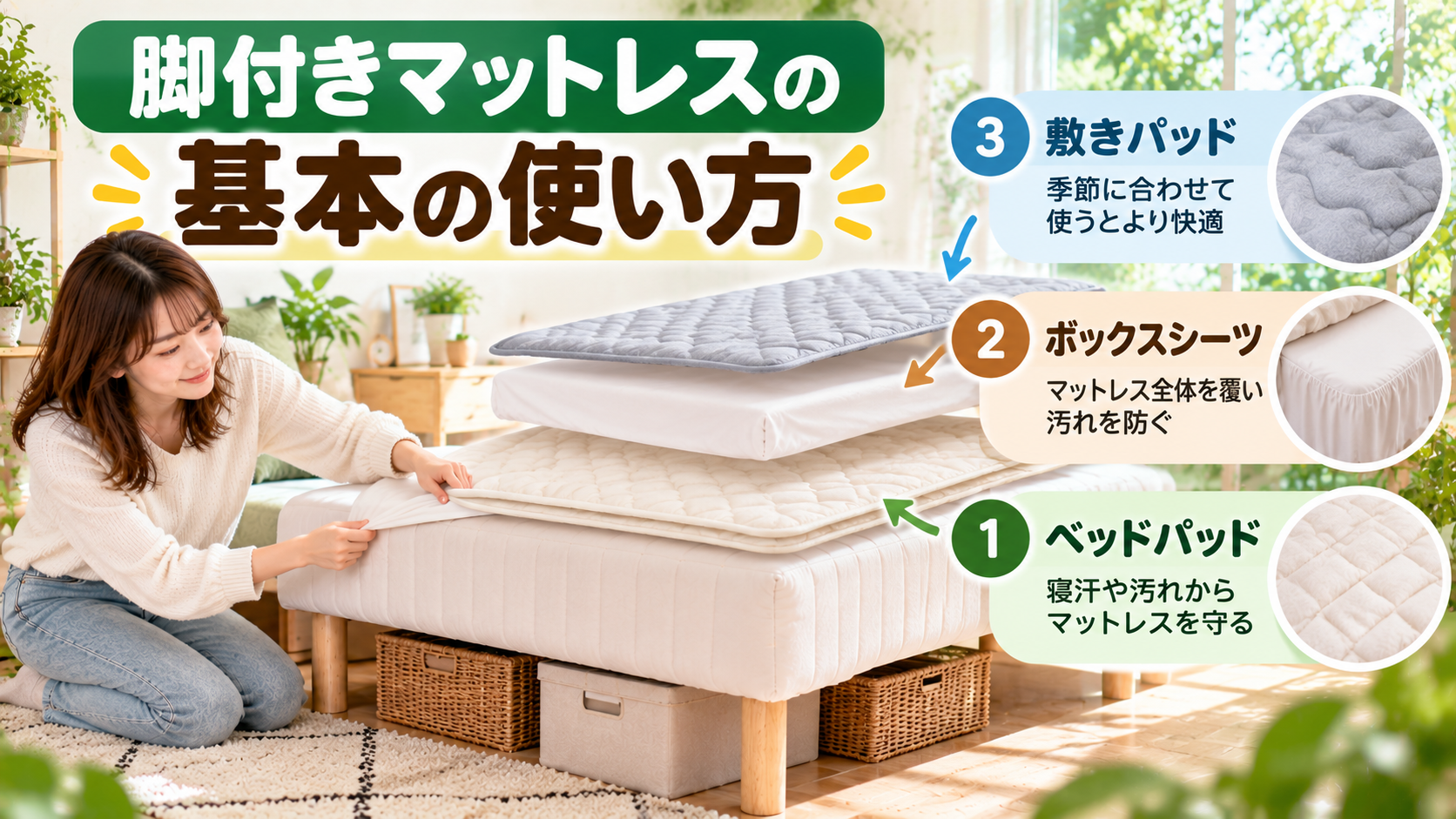 脚付きマットレスにベッドパッドとシーツを敷く順番