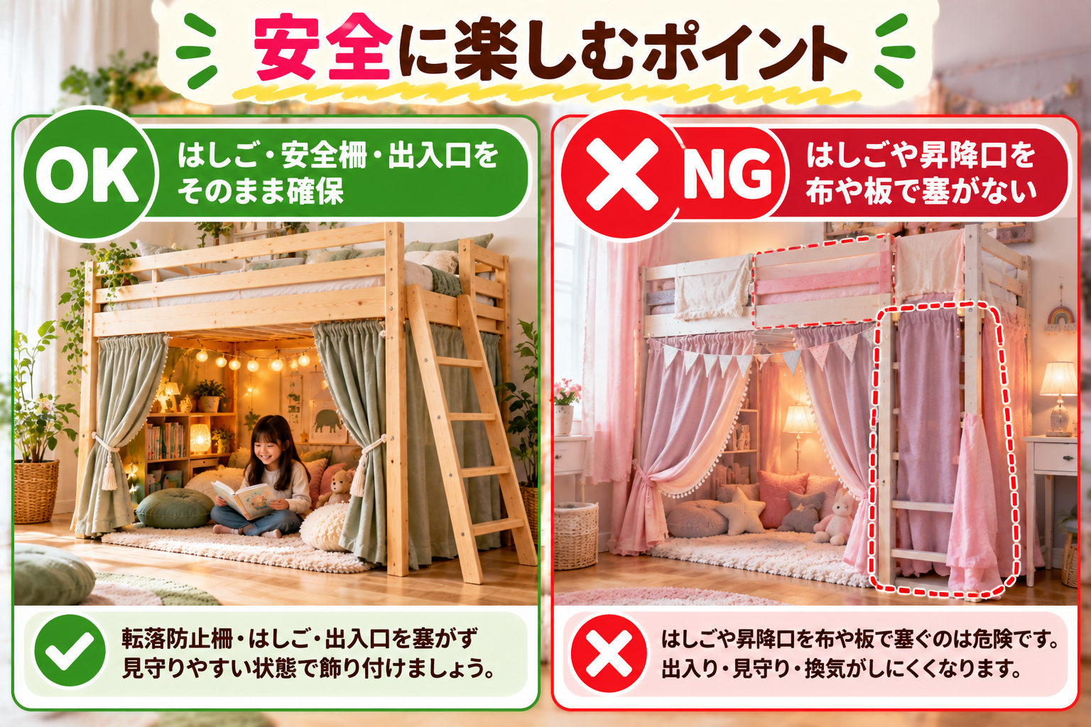 ロフトベッドの秘密基地で安全柵・はしご・出入口を塞がないOK例とNG例
