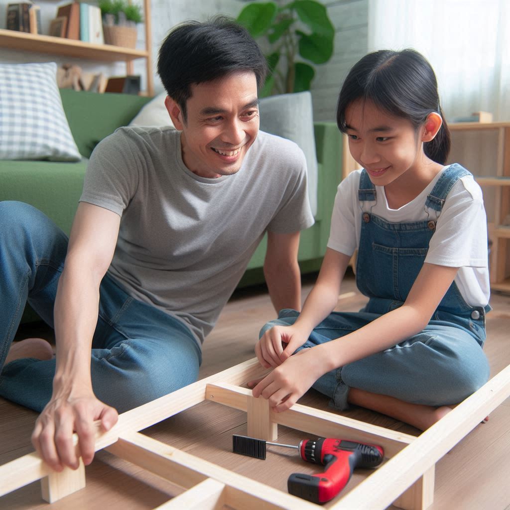 子供と一緒にベッドフレームをDIYしているお父さん。