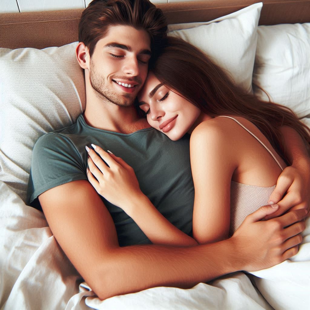 シングルベッドでカップルが抱き合うように横になっている。