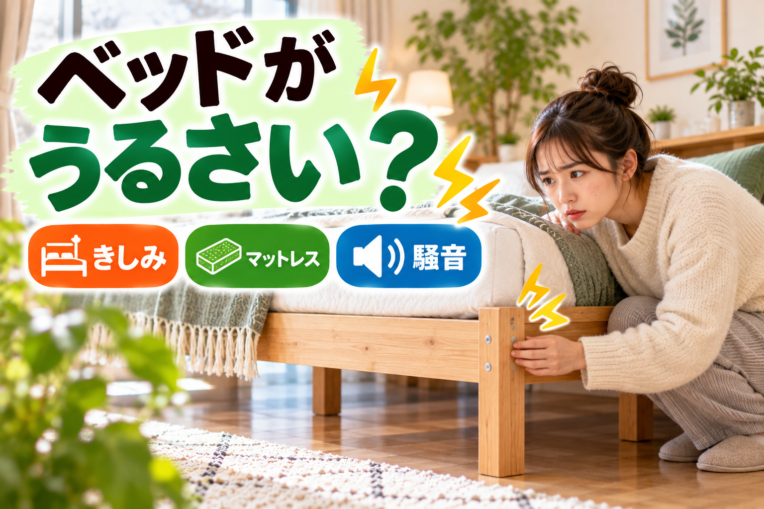 ベッドのきしみ音や騒音の原因を確認する女性