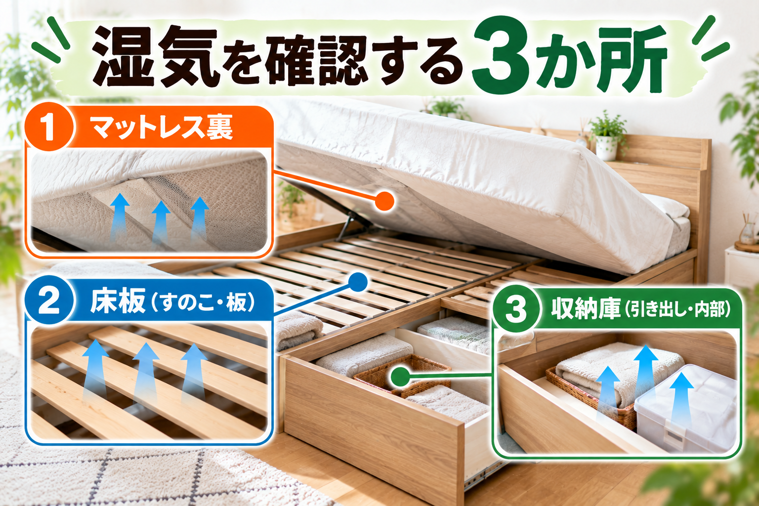 収納ベッドで湿気を確認するマットレス裏・床板・収納庫の3か所