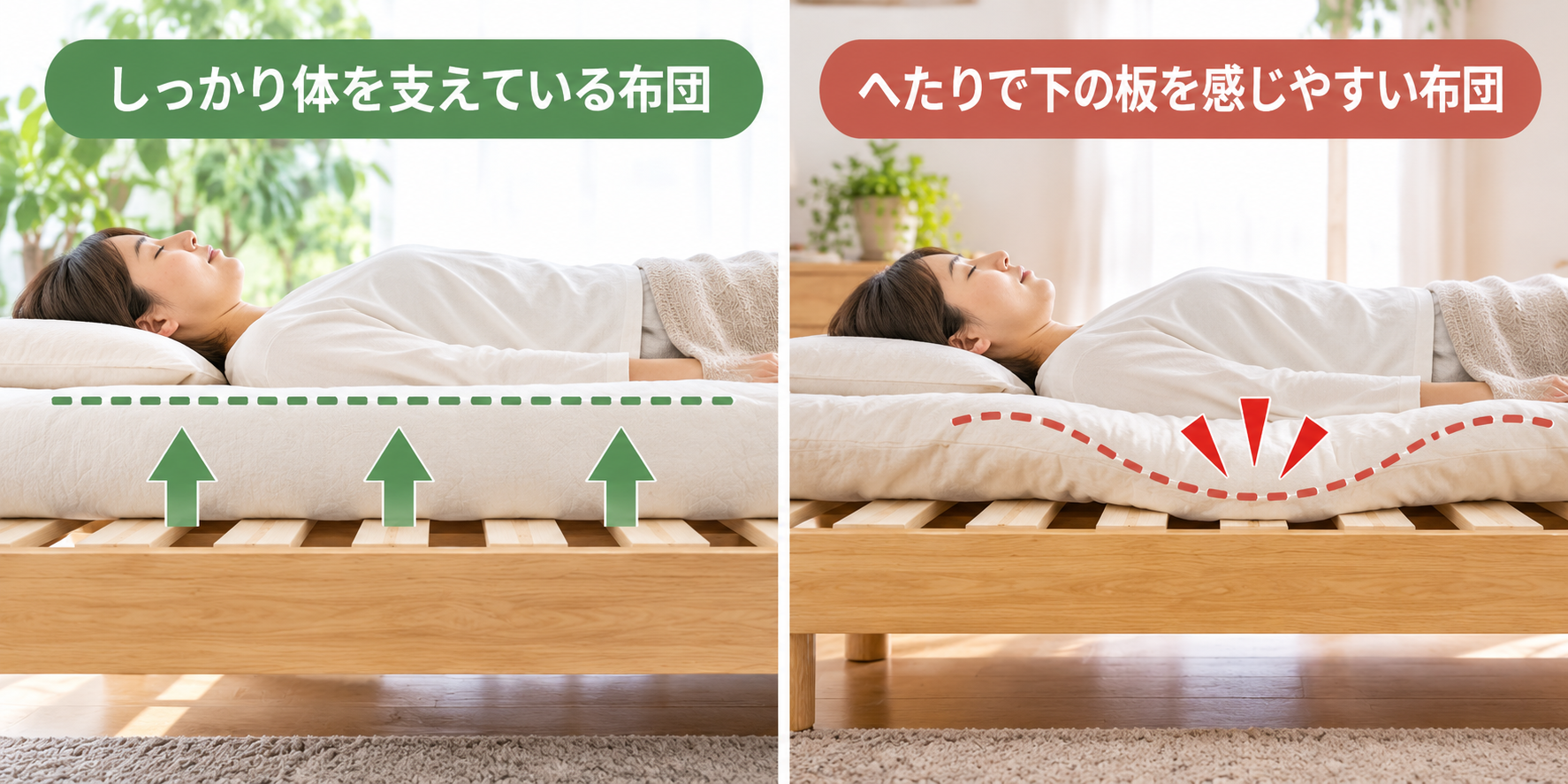 敷布団が体を支えている状態と、へたりで下の板を感じる状態の比較の画像をお願い