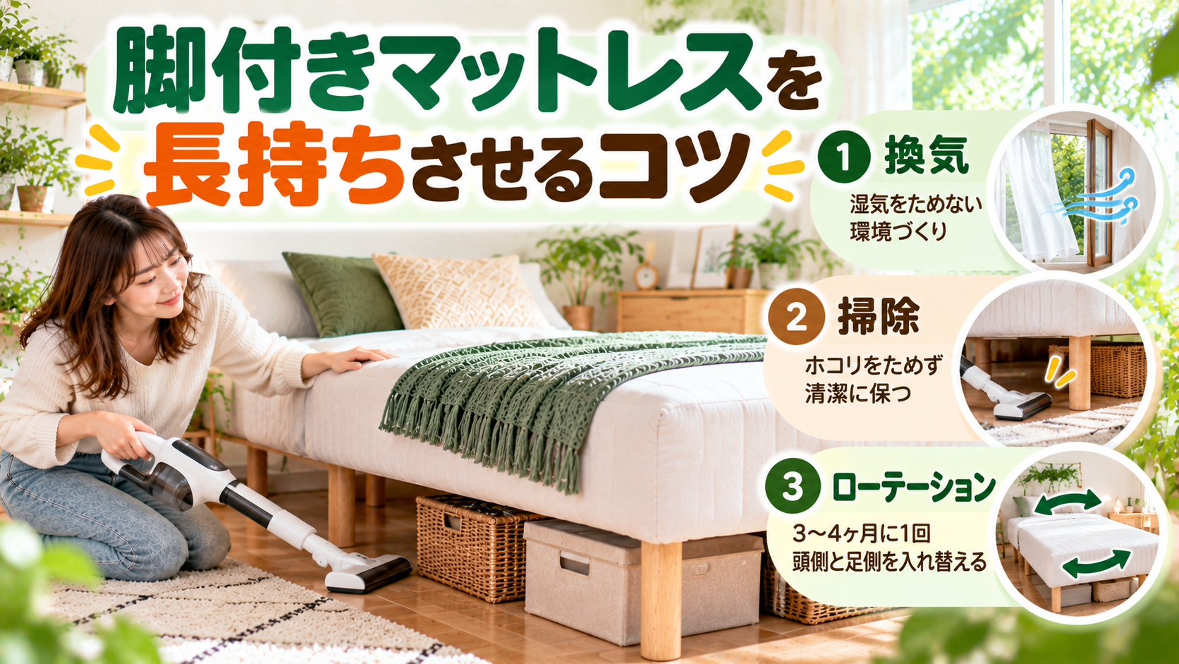脚付きマットレスを長持ちさせる換気と掃除とローテーション