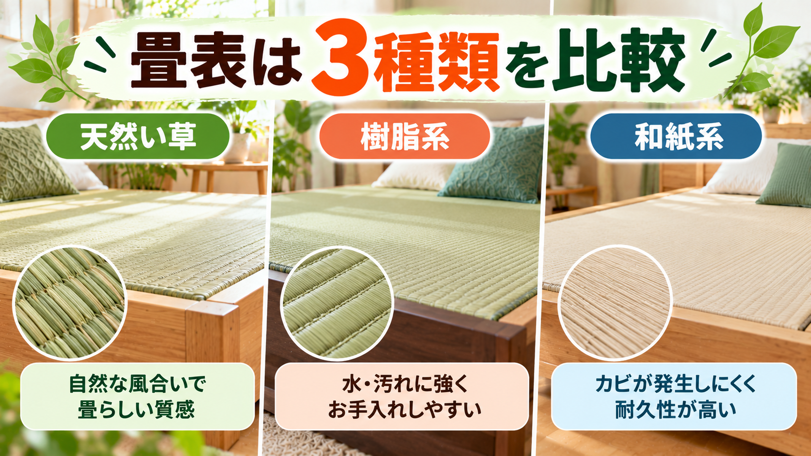 天然い草・樹脂・和紙の畳表を比較した畳ベッド