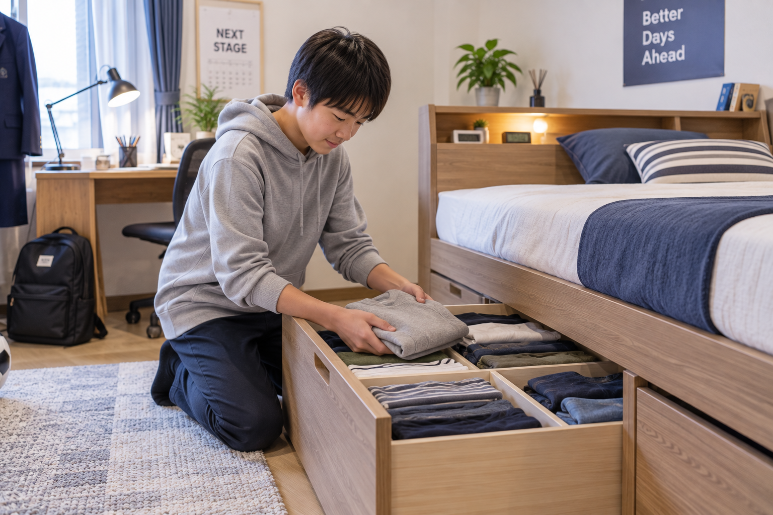 中学生が引き出し式収納ベッドに、服を片付けている