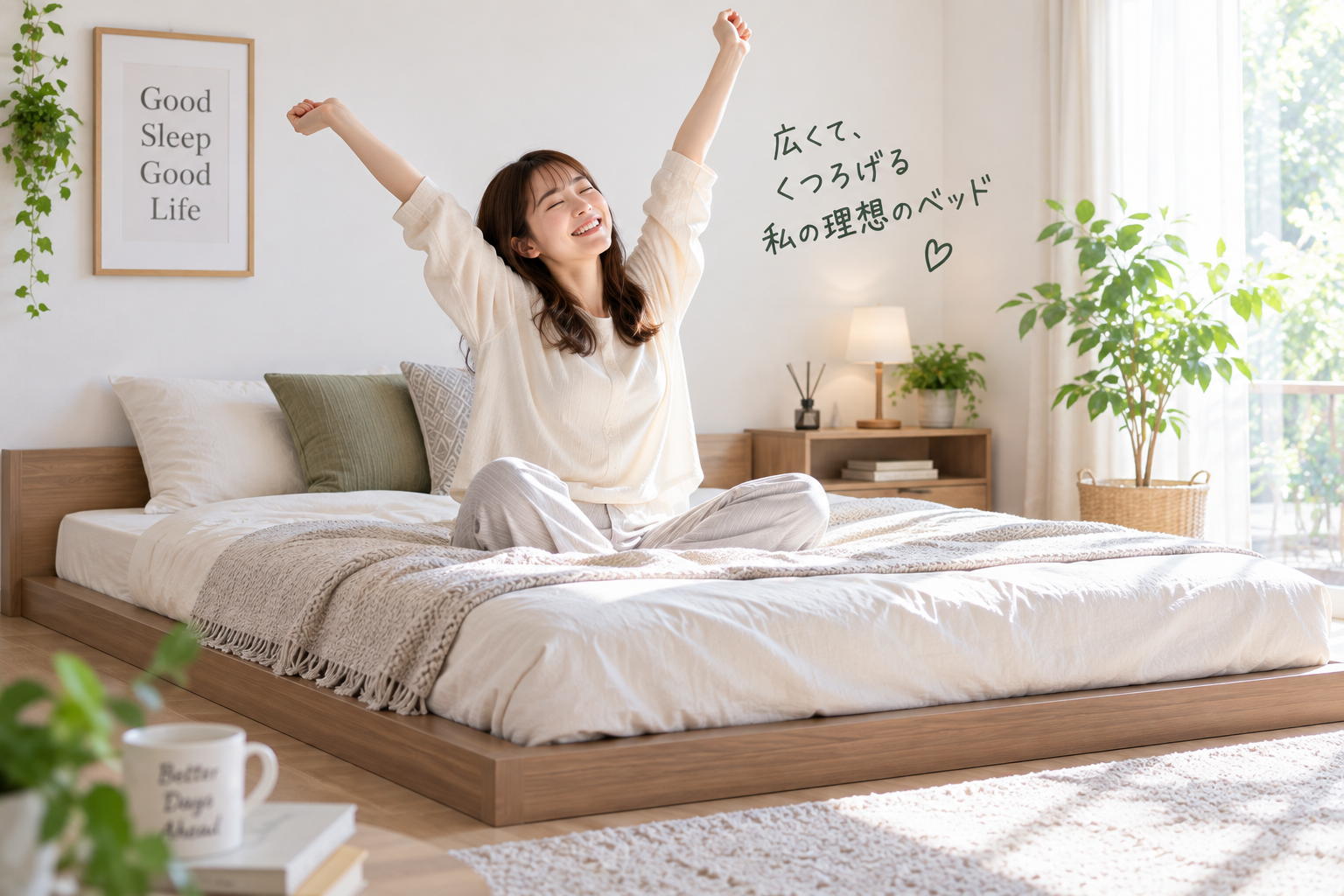 フロアベッドを買って喜んでいる女性