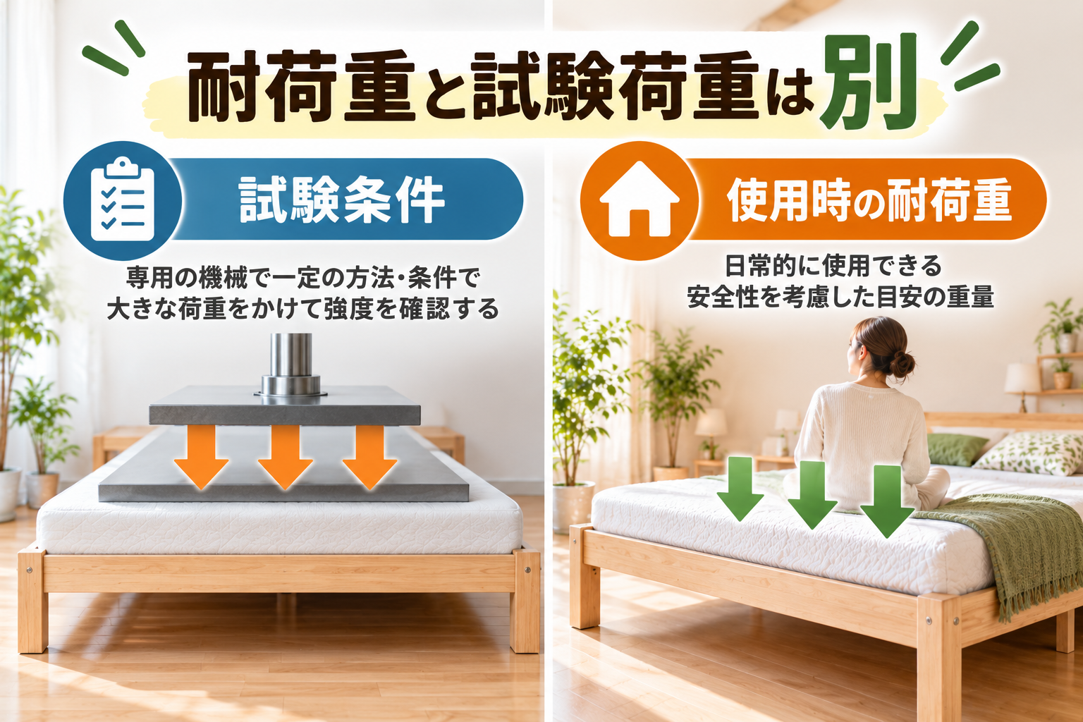 ベッドの耐荷重と強度試験で加える荷重の違いを示す図