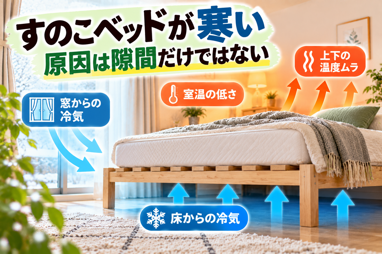 すのこベッドの寒さに室温・窓・上下の温度ムラが影響する様子