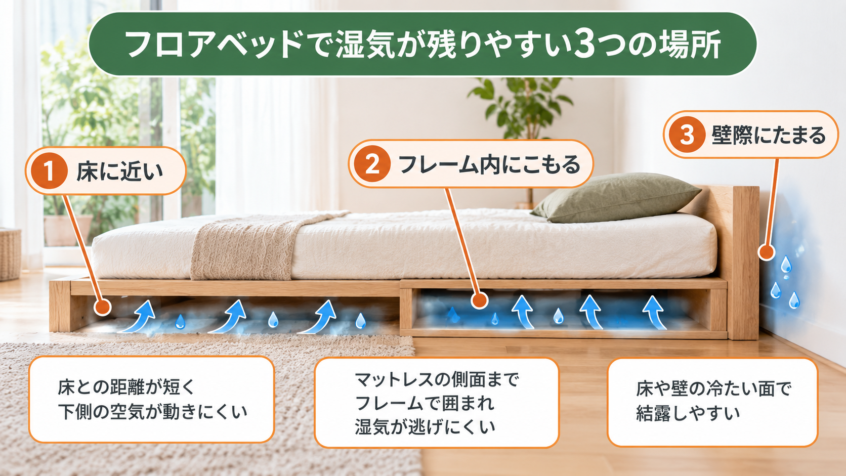 フロアベッドの床下・フレーム内・壁際に湿気が残りやすい場所
