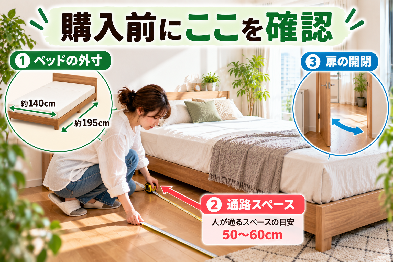 一人暮らしでダブルベッドを購入する前に外寸・通路・扉の開閉を確認する様子