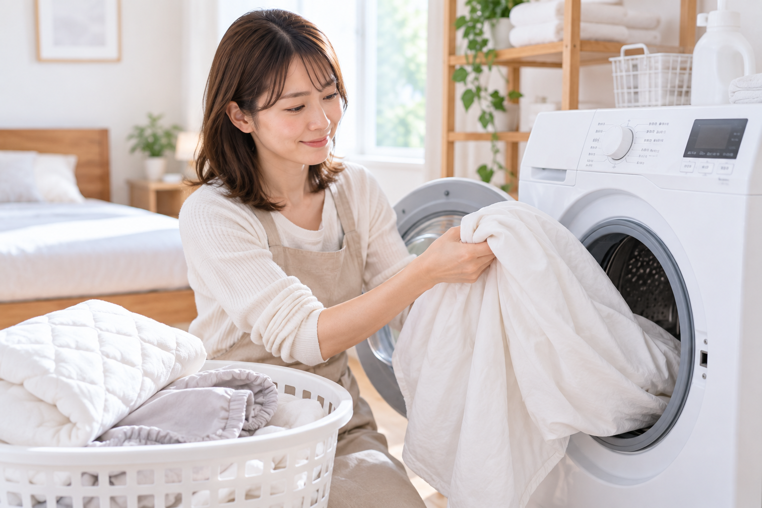 シーツ・ベッドパッドを洗濯している女性