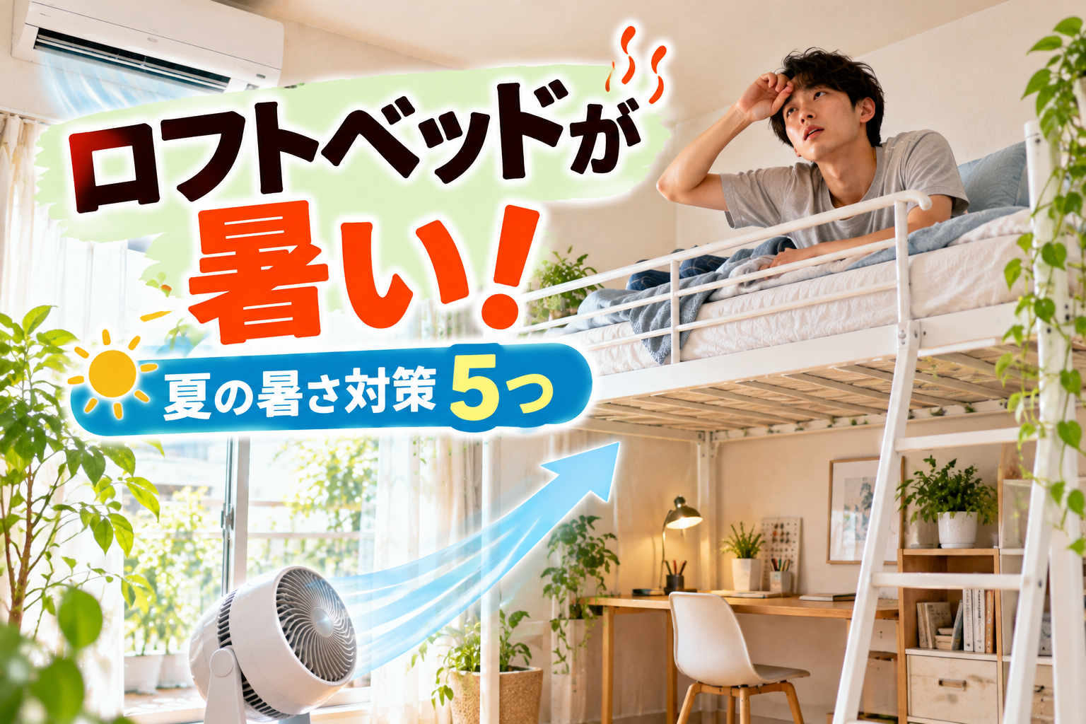 夏のロフトベッドの暑さに悩んでいる様子