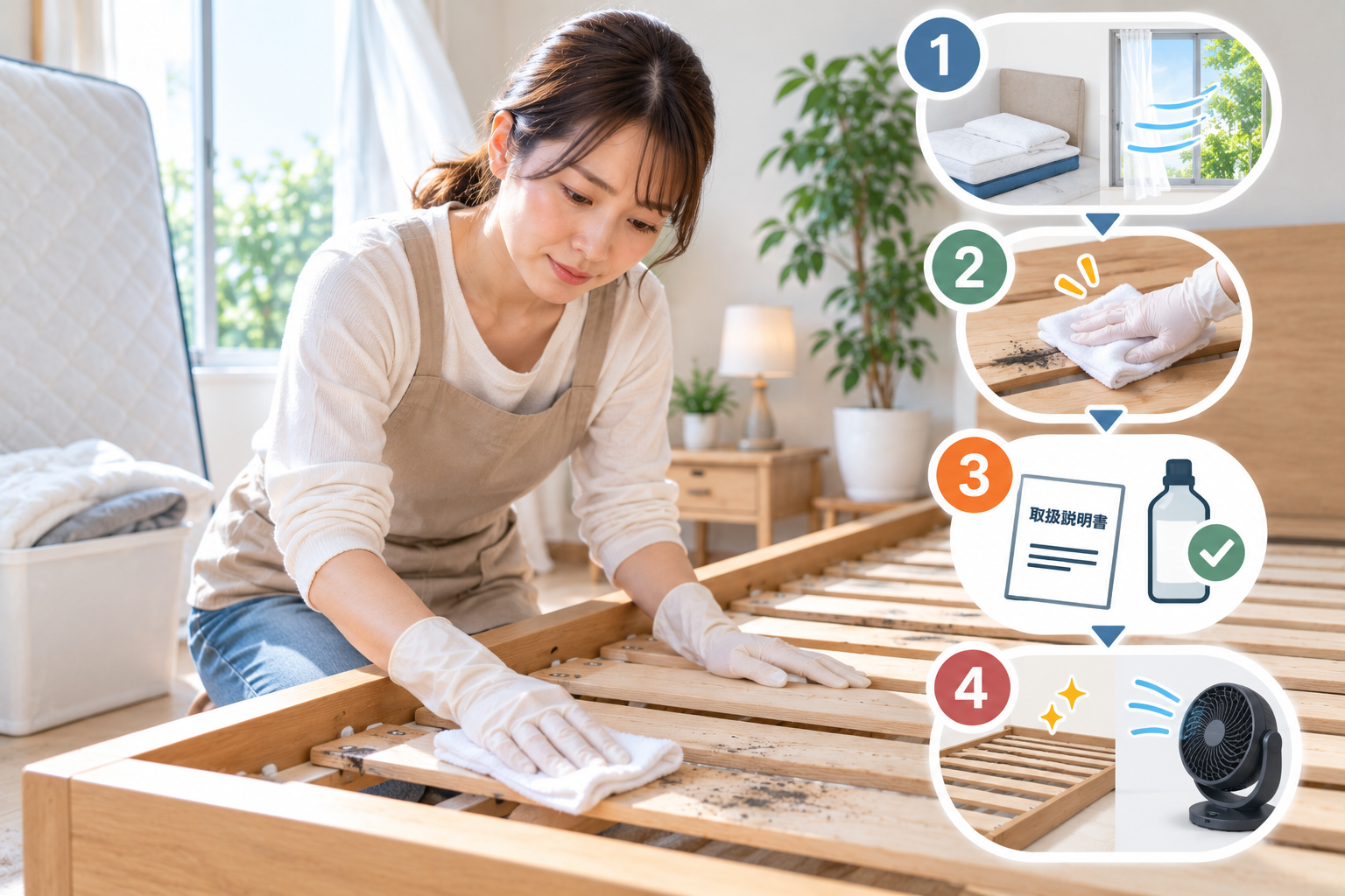 ベッドフレームのカビ取りをしている女性