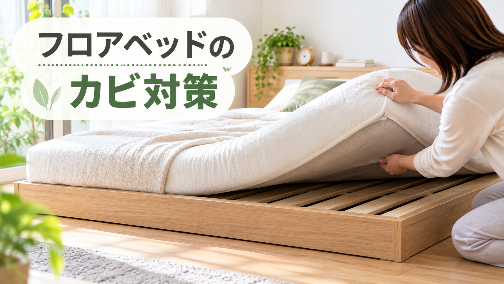 マットレス裏とすのこ床板を点検しているフロアベッド