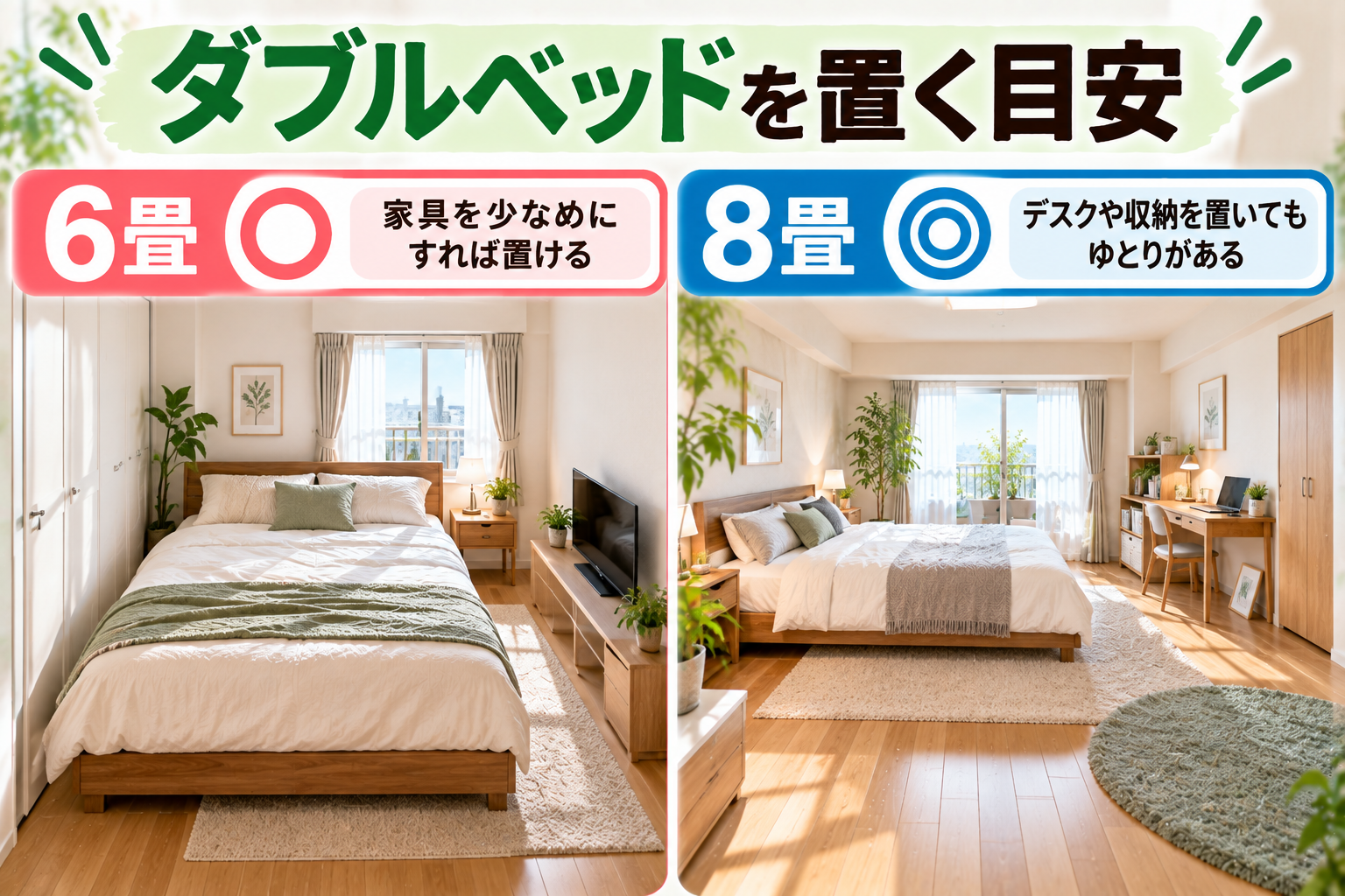6畳と8畳の一人暮らしの部屋にダブルベッドを置いたレイアウト比較