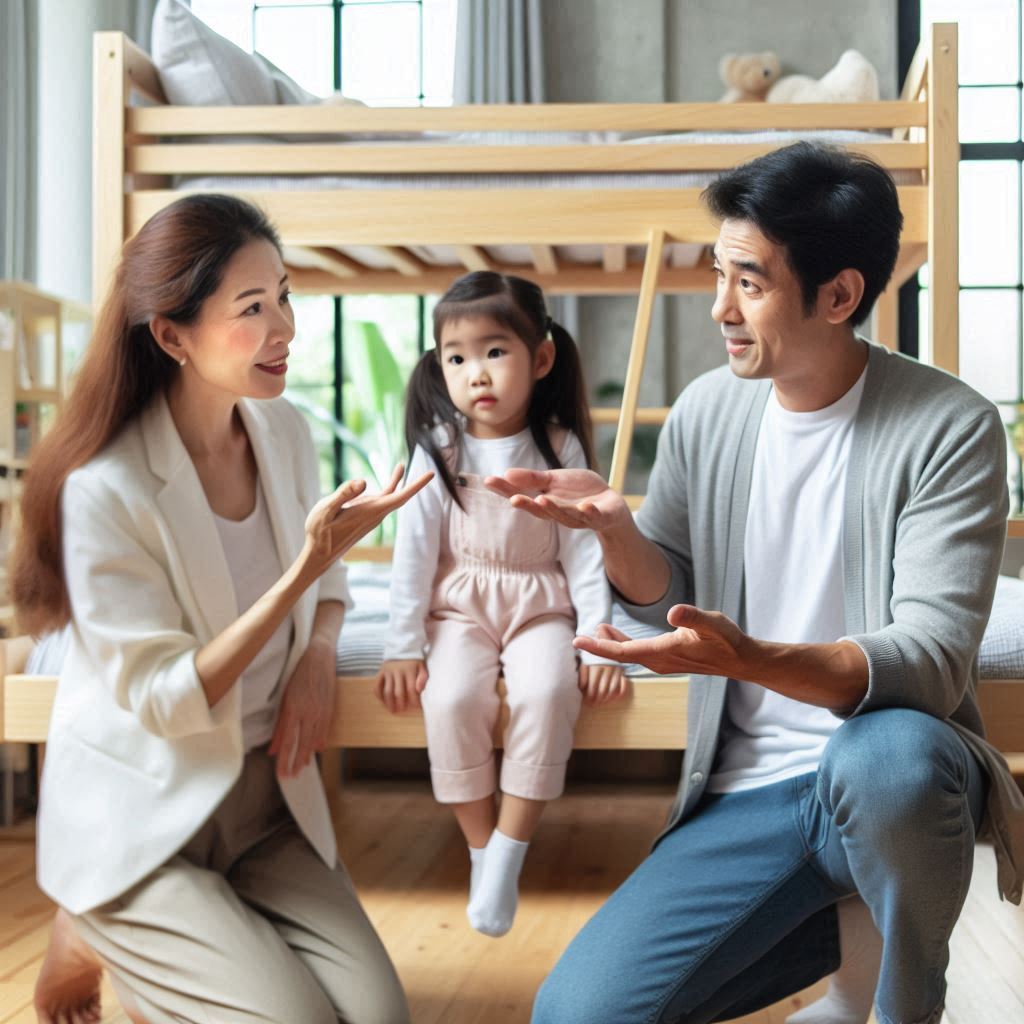 子供がロフトベッドを使う際の注意点を専門家が夫婦に説明している。