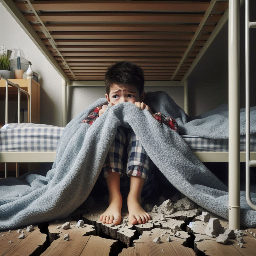 地震で少し揺れたので、男の子はロフトベッドの下に避難した。