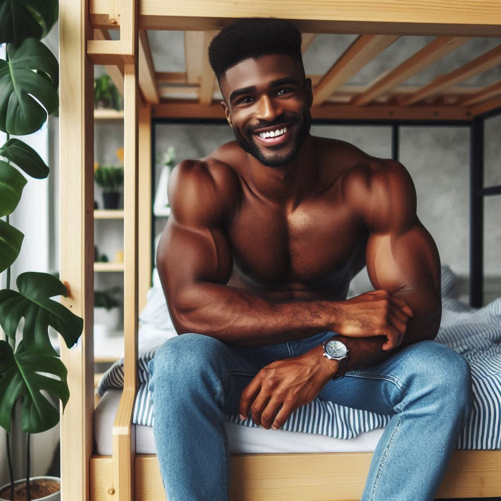 体格の良い男性が、ロフトベッドの上段で笑っている。