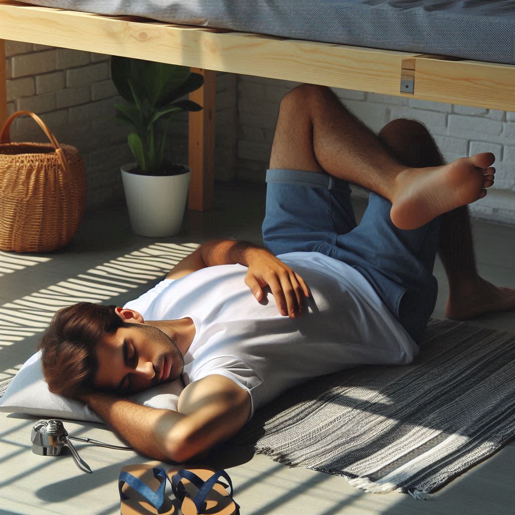 夏場にロフトベッドの下で涼しそうに寝ている男性