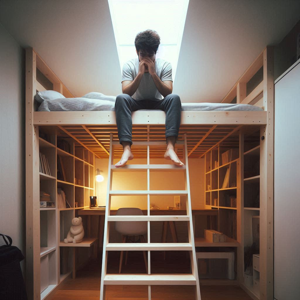 男性が階段付きロフトベッドの上段に座っている。天井が少し低く感じる。