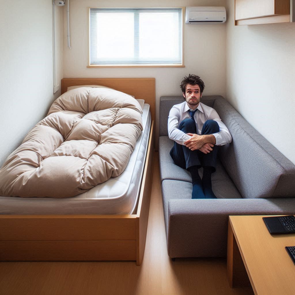 狭い部屋にセミダブルベッドとソファーの両方を置いてあり、窮屈そうな男性。