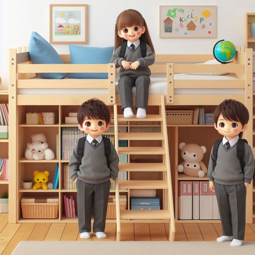 小学生が階段付きロフトベッドを使っている。
