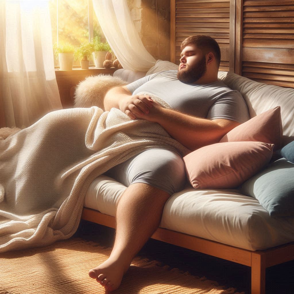 体重が重たい男性が布団で寝ている。