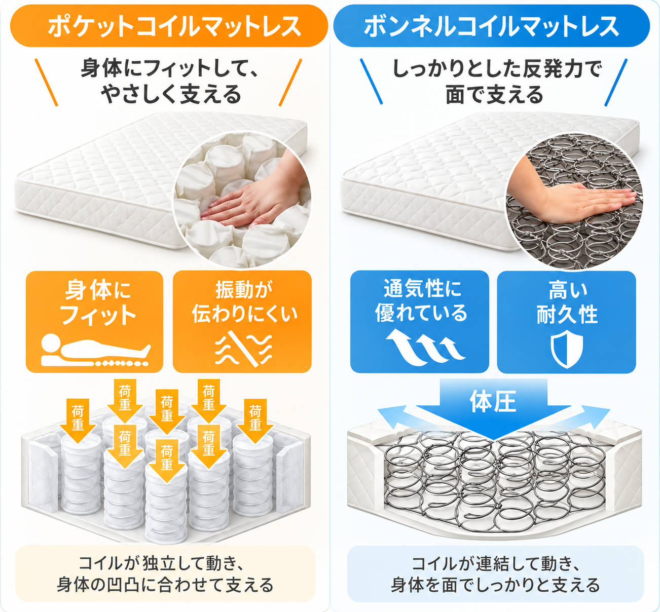 ポケットコイルとボンネルコイル比較