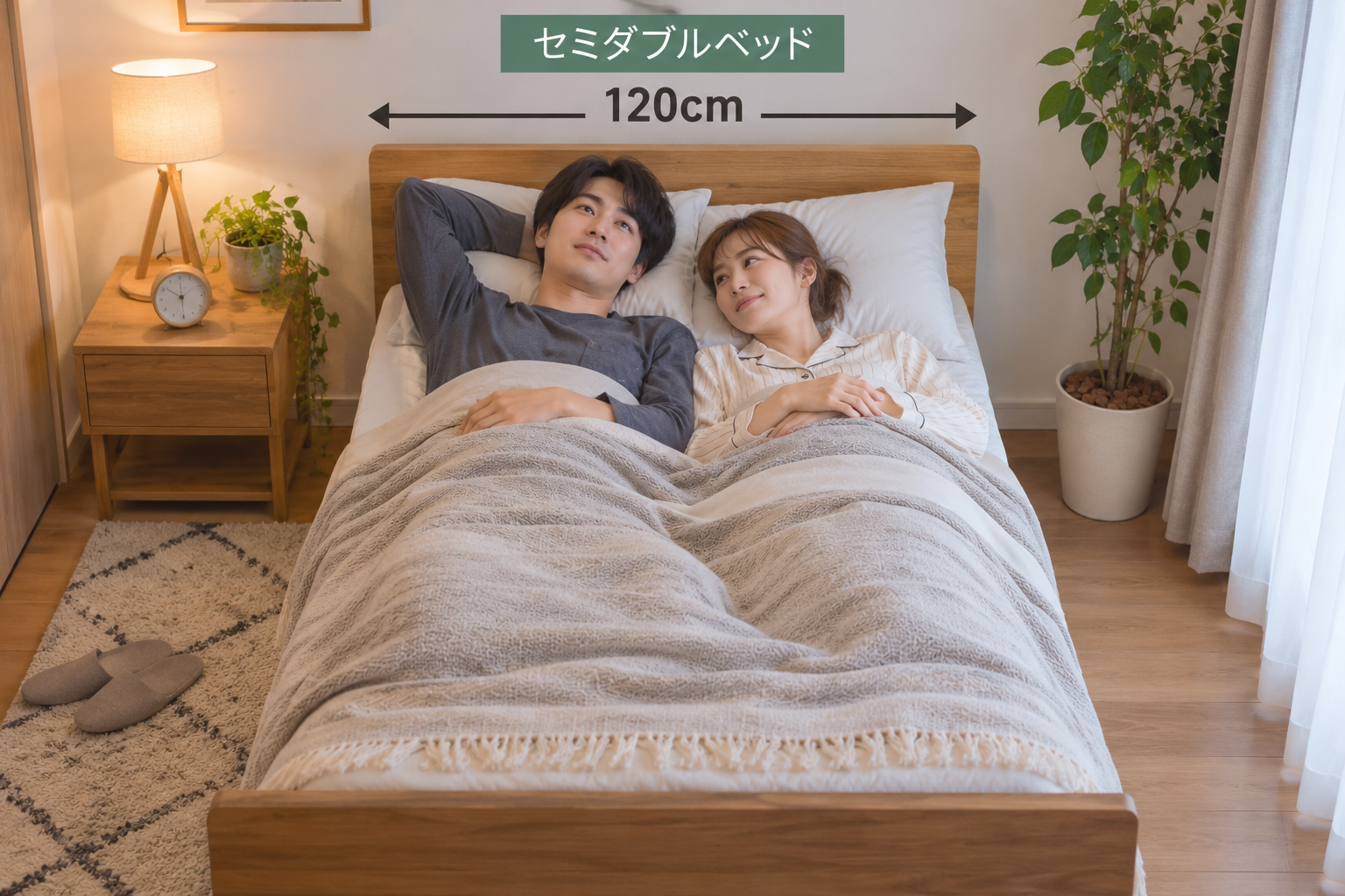 セミダブルベッド1台にに新婚夫婦が横になっている