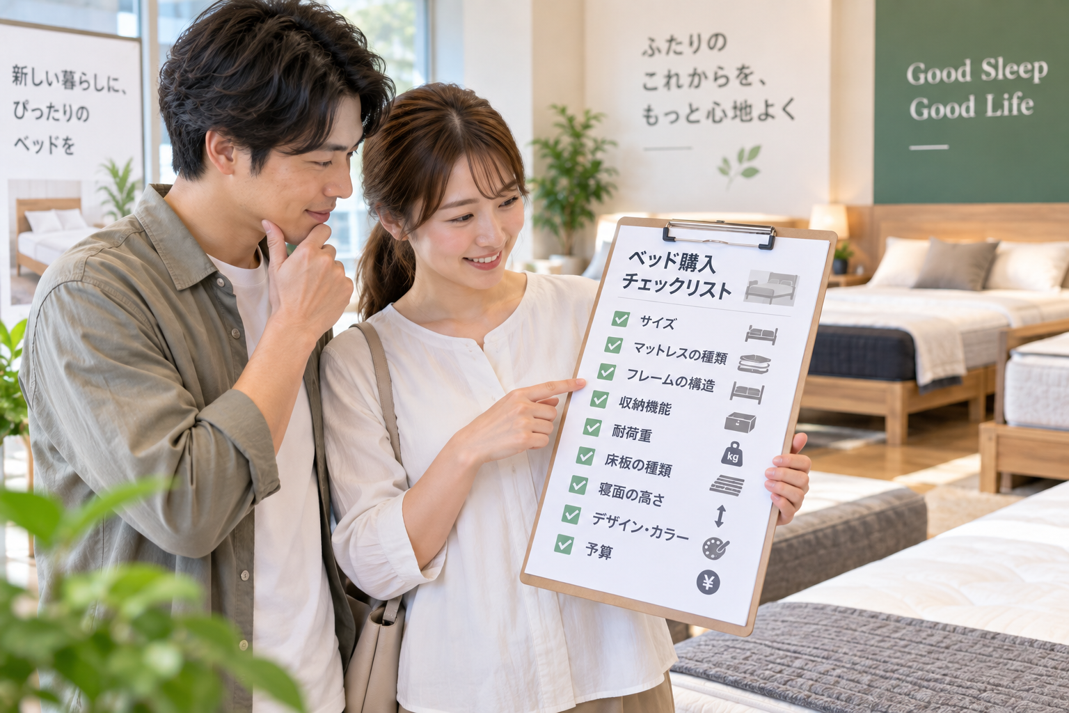 新婚夫婦がベッド購入のためのチェックリストを確認している