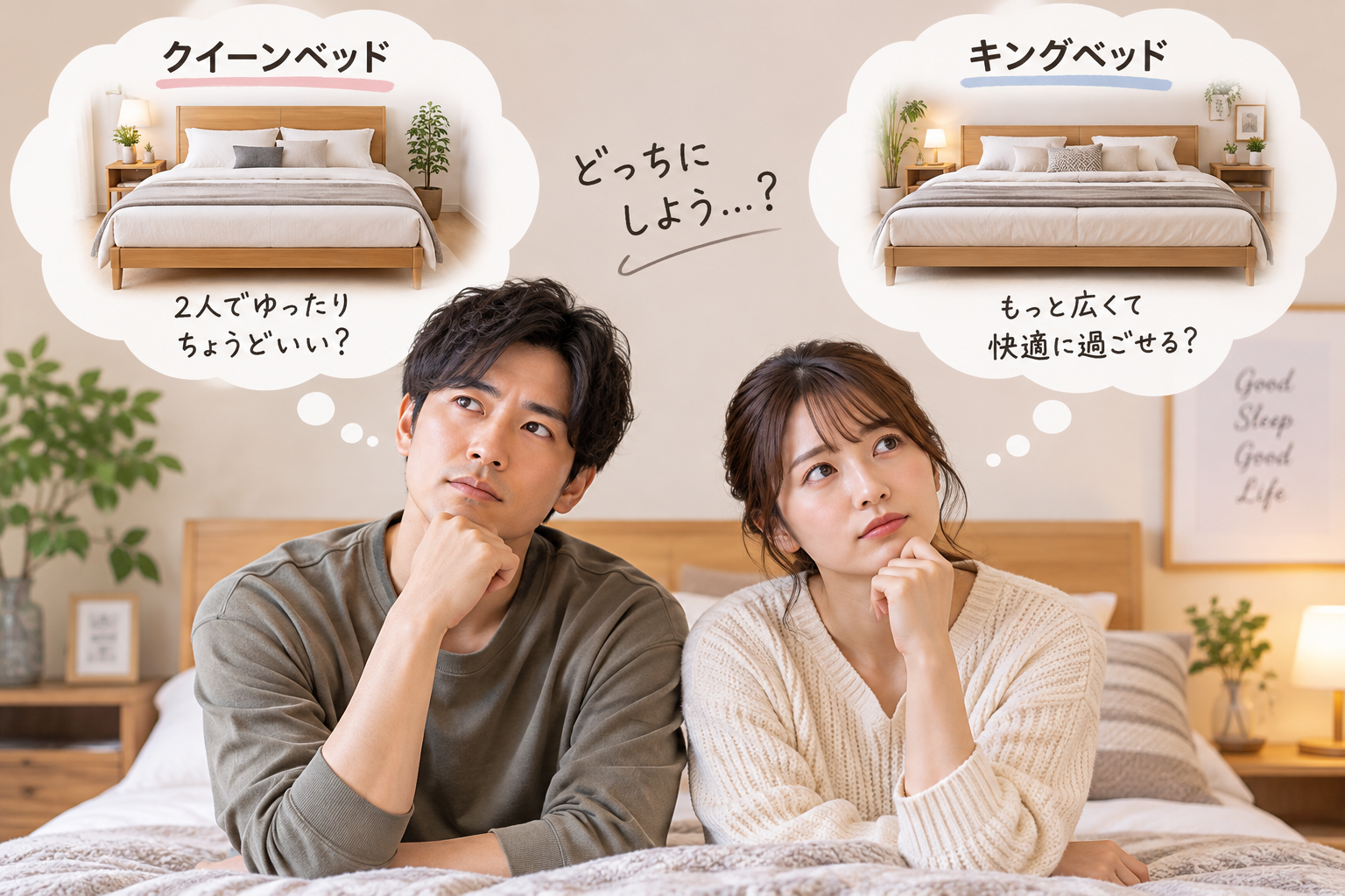 クイーンベッドとキングベッドどっちにしようか迷っている若い夫婦