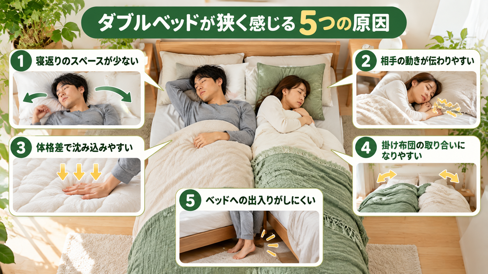 ダブルベッドが狭く感じる5つの原因