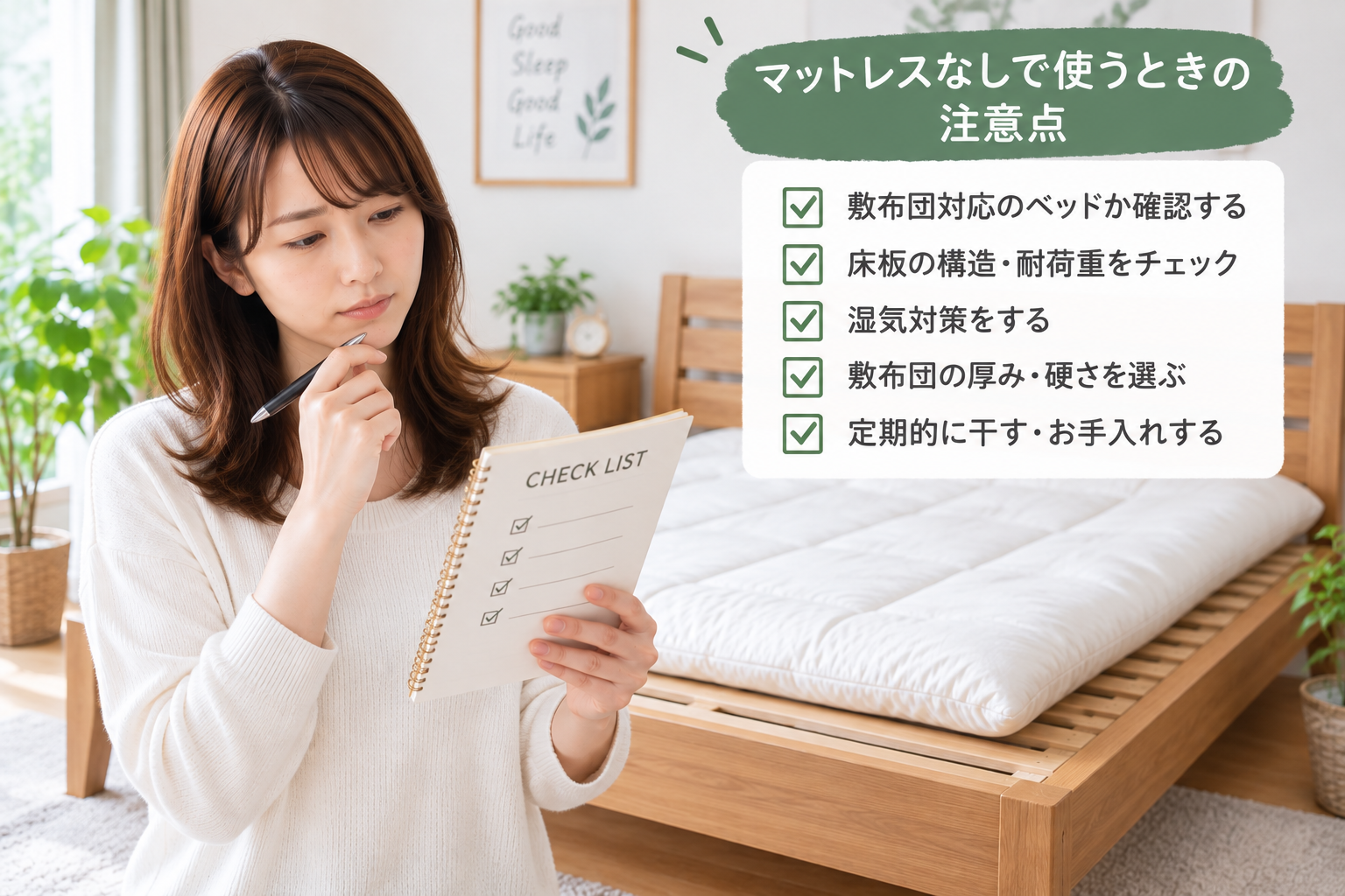 マットレスなしで使うときの注意点をチェックしている