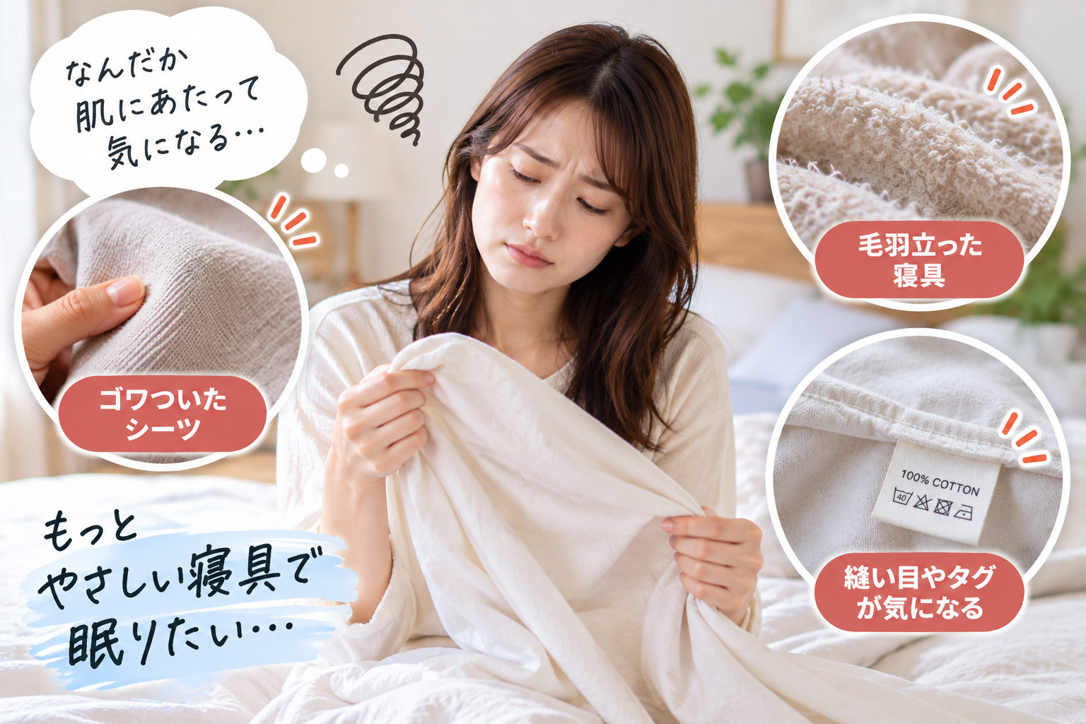 ゴワついたシーツ、毛羽立った寝具、縫い目やタグが気になっている