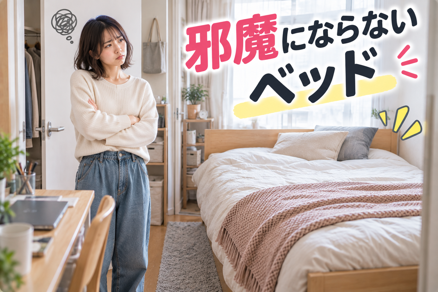部屋のベッドが邪魔そうにしている女性