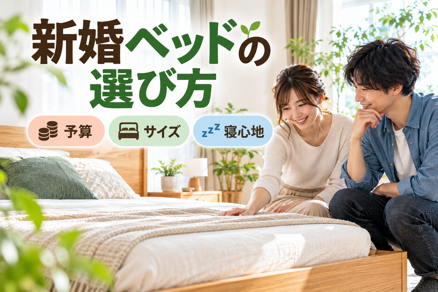 新婚夫婦がベッドの予算・サイズ・寝心地を相談している様子
