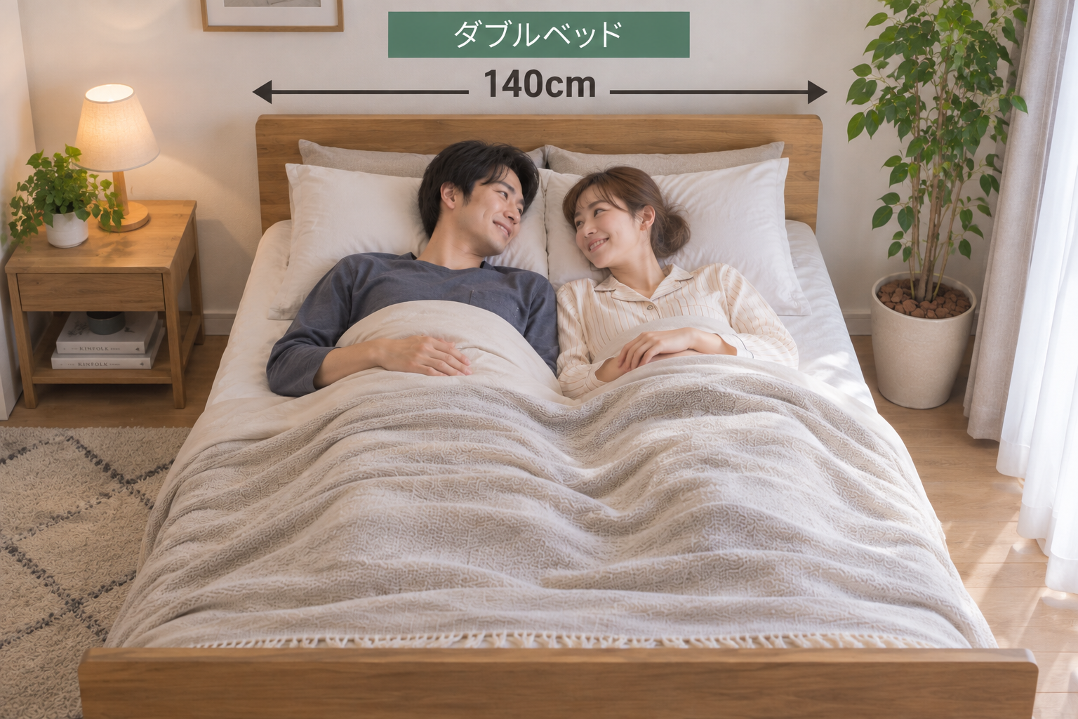 ダブルベッドに新婚夫婦が横になっている