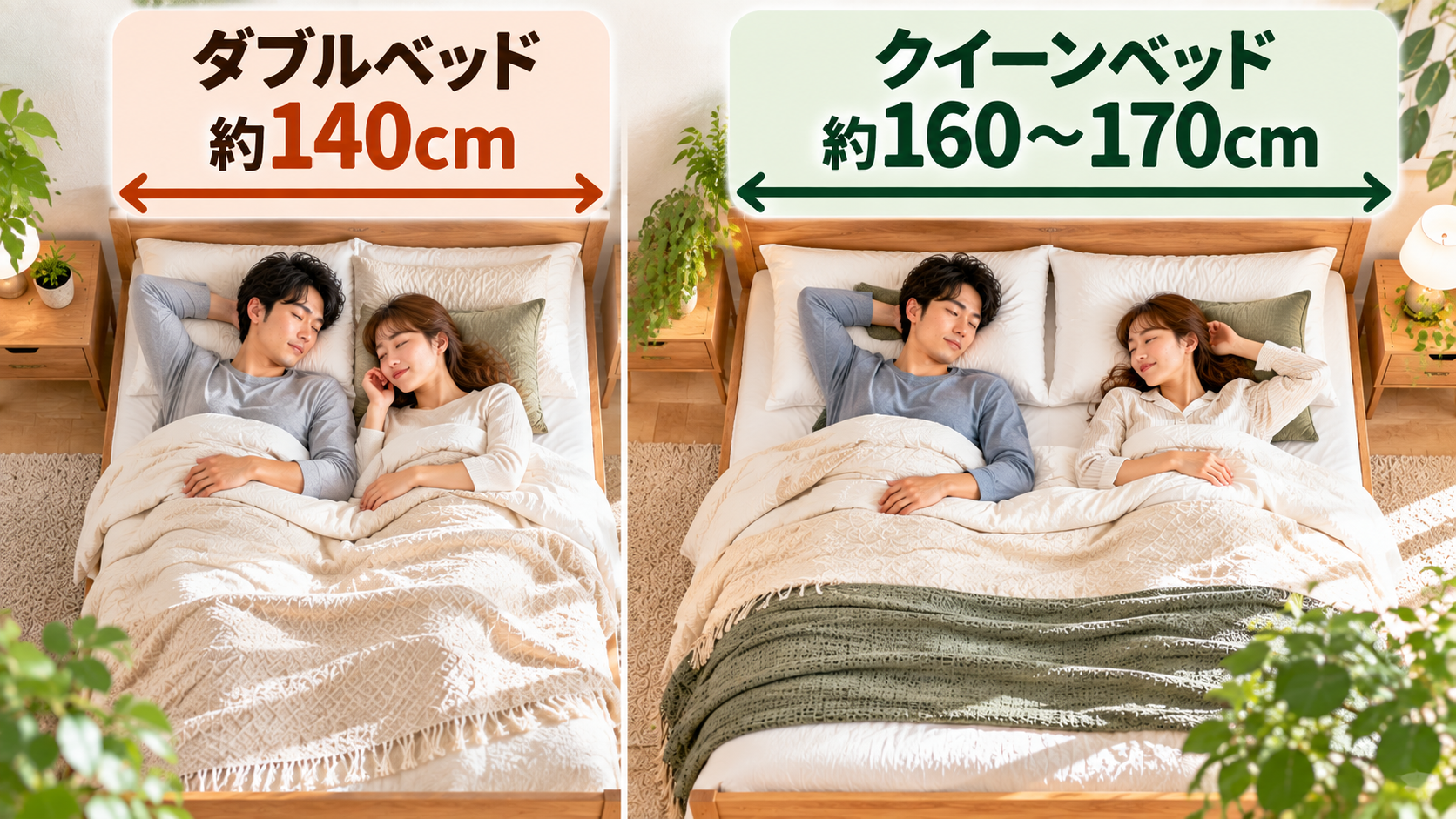 ダブルベッドとクイーンベッドに2人で寝たときの横幅の違い