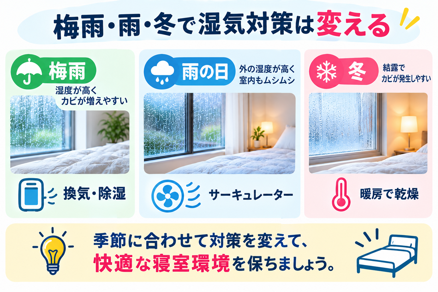 梅雨・雨の日・冬で湿気対策は変える