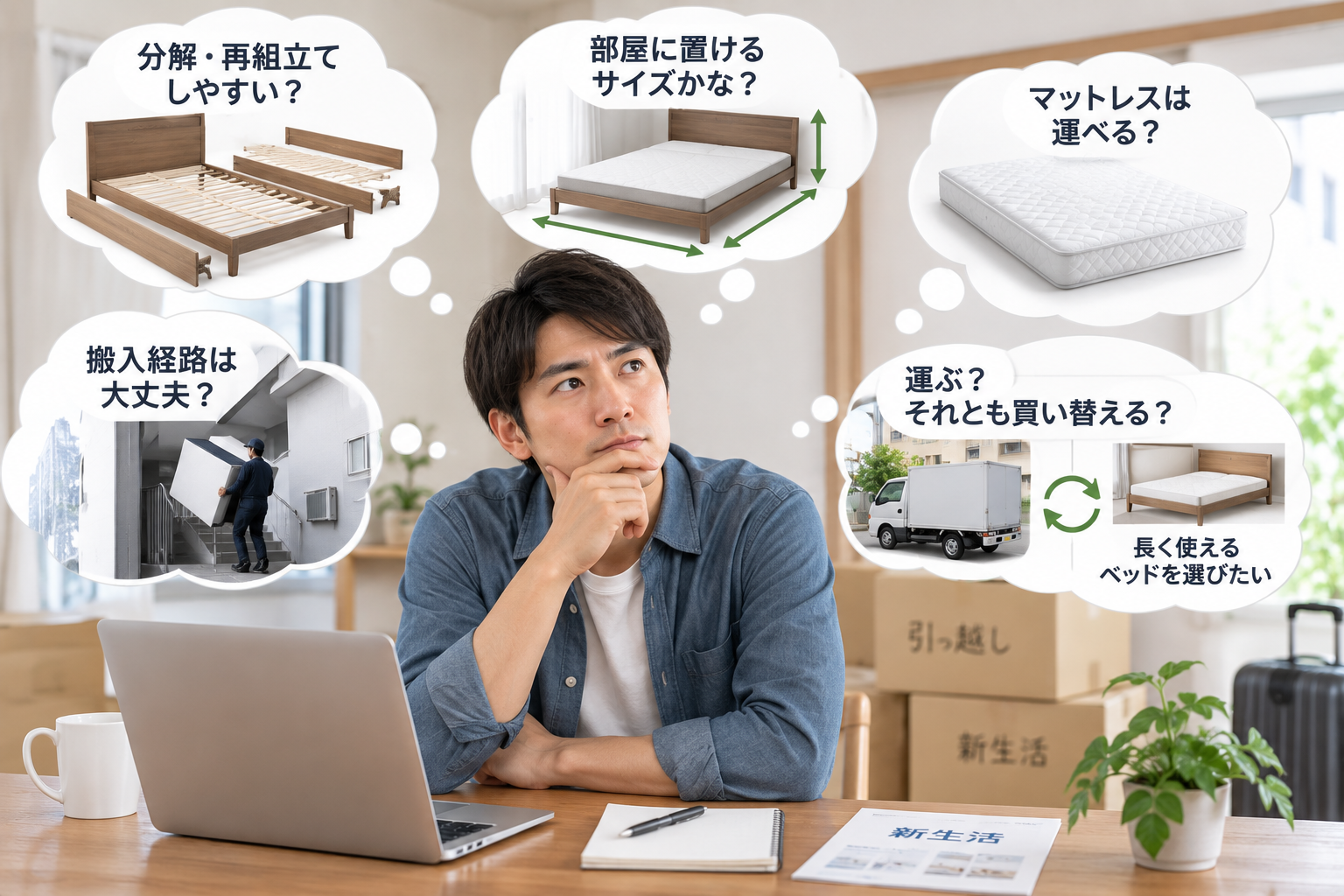 転勤族がベッドを選ぶときに何に注意するか考えている